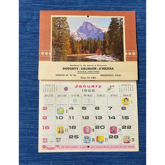 Vintage Funeral Director Bakersfield California Yosemite 1966 Calendar 982A - Picture 1 of 1